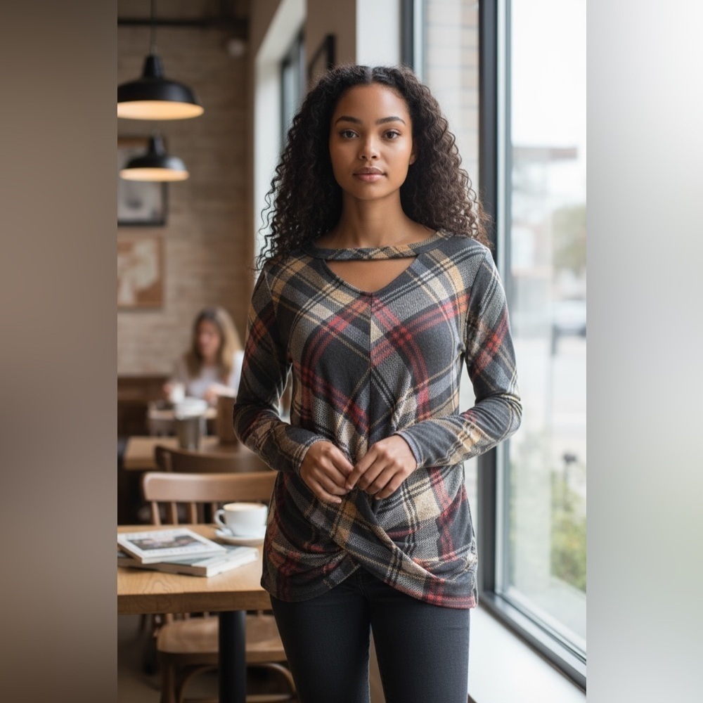Maurices 24/7 Plaid Cut Out Neck Twisted Tee